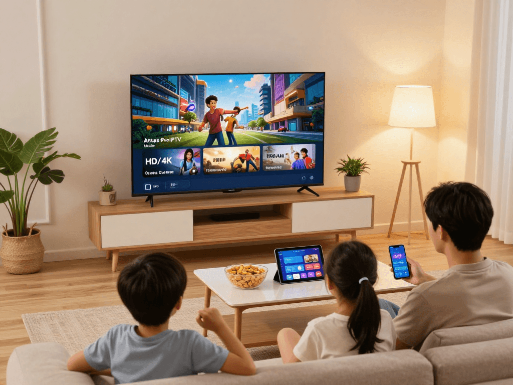 Famille profitant du service Atlas Pro IPTV dans un salon lumineux