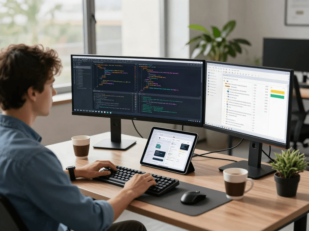 Développeur utilisant Atlas pro ontv dans un environnement de bureau moderne avec des écrans affichant du code.